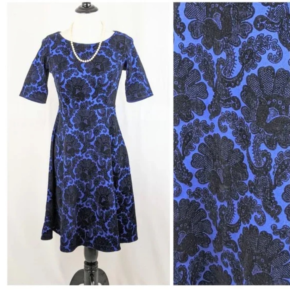 EUC Lands End Blue Flocked Cocktail Dress